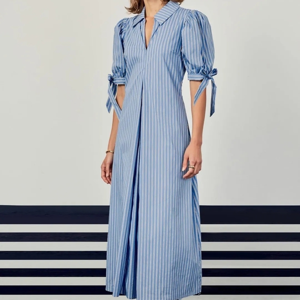 English Factory NWOT Size 1X Powder Blue Striped Godet Midi Dress - Picture 2 of 7